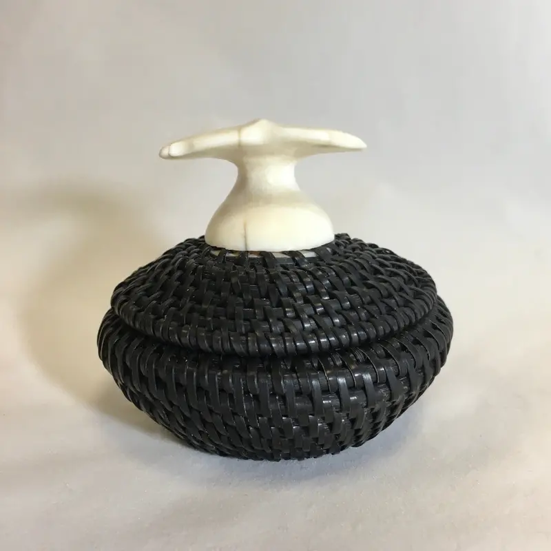 Baleen Basket With Walrus Ivory Whale Tail Finial By Alaska Native Artist Donald Johnston, Jr. 1