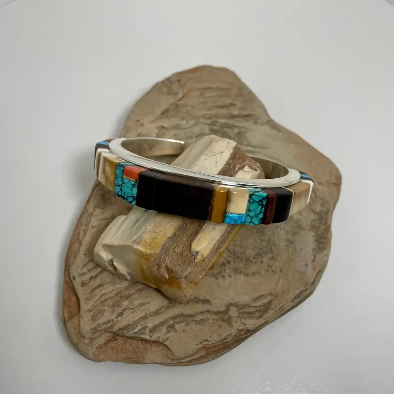 Hopi Channel Inlay Silver Bracelet With Geometric Patterns By Sonwai 1