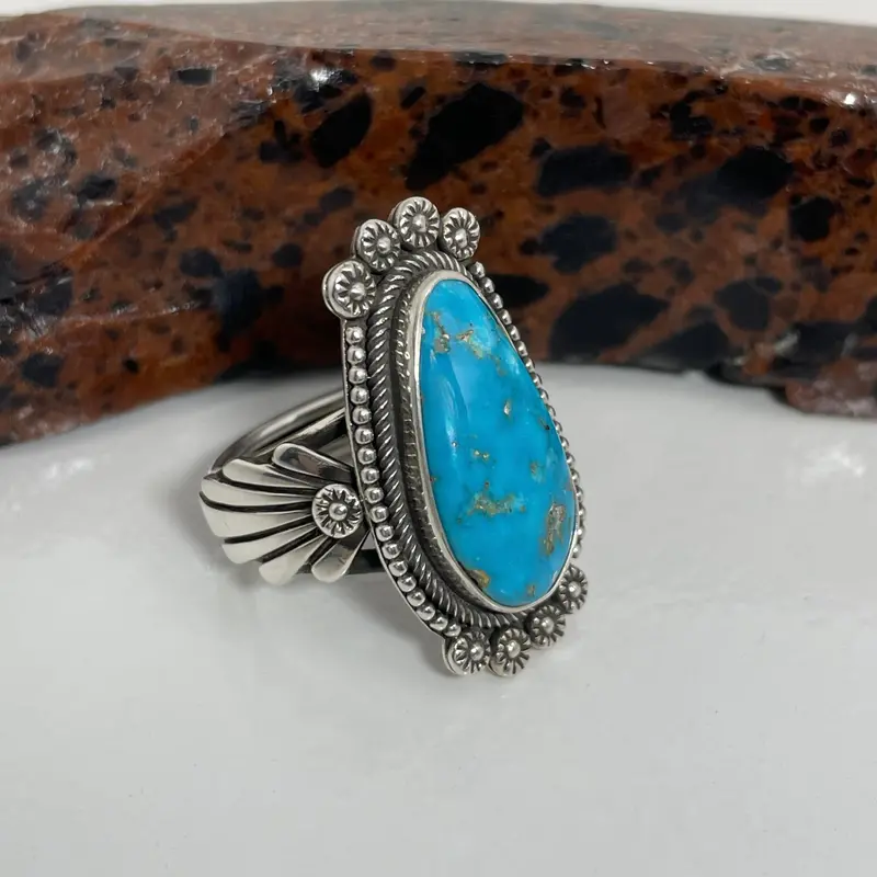 Kingman Turquoise Statement Ring In Sterling Silver By Navajo Silversmith Ivan Howard 1