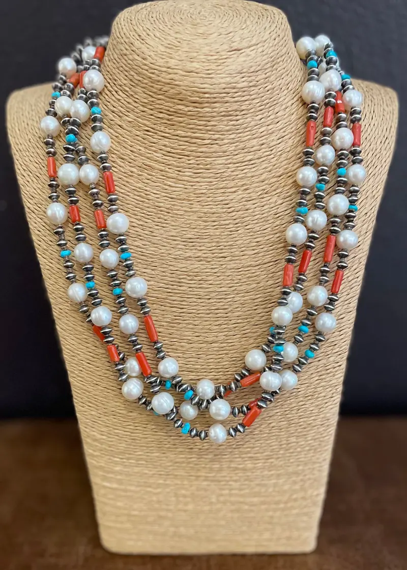 Marie Lee'S Pearls, Coral, Sleeping Beauty Turquoise & Silver Spacer Bead Necklace 1