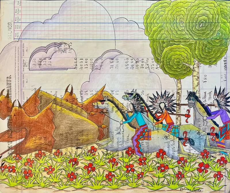 Plains Ledger Art: 'Buffalo Hunt' – Dolores Purdy (Caddo-Winnebago) 1