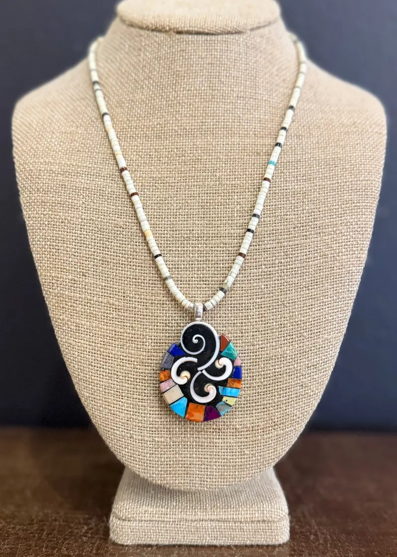 Southwest Mosaic Pendant With Heishi Bead Necklace By Mary Louise Tafoya 1