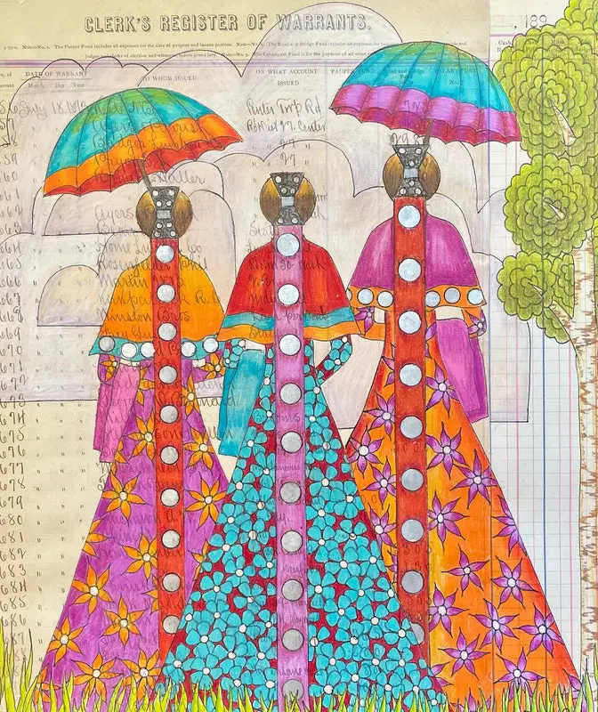 Three Sisters Ledger Art Painting By Dolores Purdy (Caddo-Winnebago) 1