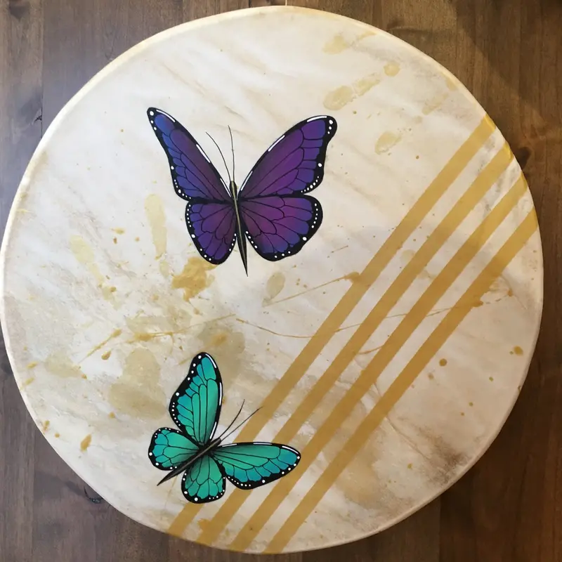 Zuni Hand-Drum With Butterflies Motif On Deerhide By Elroy Natachu Jr. 1